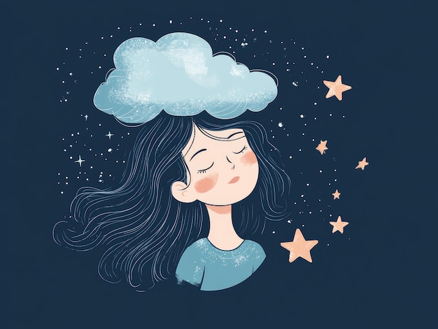 Photo a girl with long hair is sleeping under a cloud that says  dream