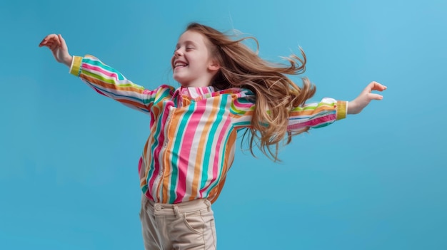 Photo a girl with long hair is smiling and wearing a striped shirt that says  shes happy