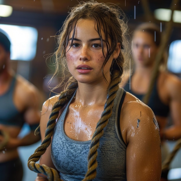 Photo a girl with long hair is standing in a gym with water droplets on her shoulders