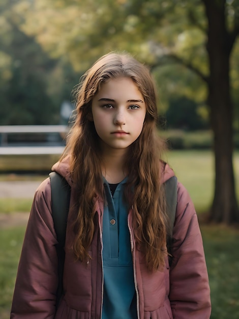 a girl with long hair and a jacket on