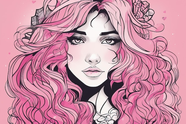 girl with long hair and pink hair pink flowers hearts hair and a wreath of roses vector illustra