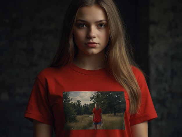 Photo a girl with long hair and a red shirt has a picture of a girl with a red shirt on it