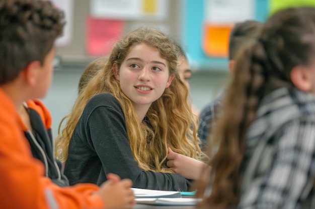 Photo a girl with long hair sits in a classroom with other students