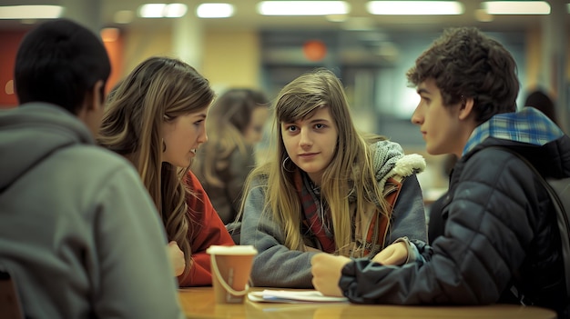 Photo a girl with long hair sits next to a man with a cup of coffee