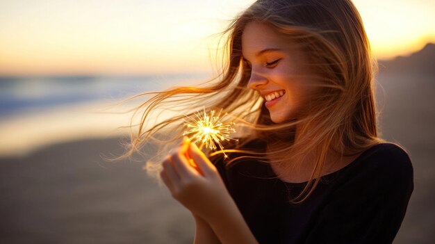 Photo a girl with long hair smiles while holding a sparkler on the beach at sunset her hair blowing gently in the wind as the sun sets over the horizon creating a joyful moment