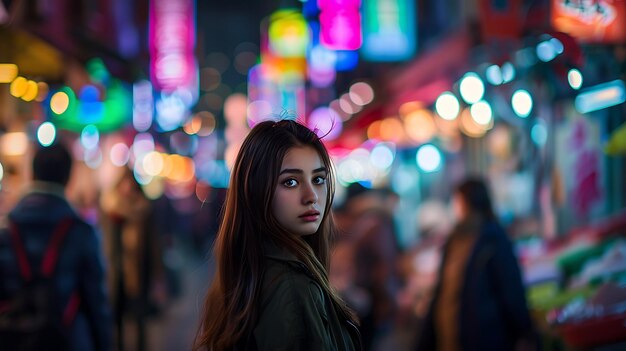 a girl with long hair stands in front of a blurry background of a blurry crowd