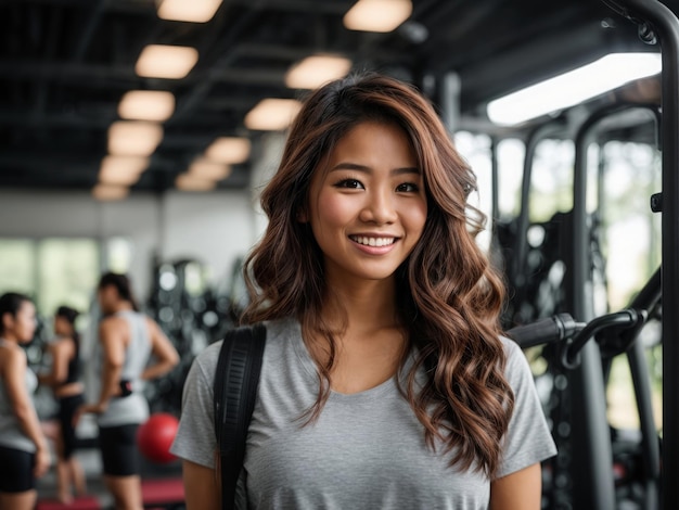 a girl with long hair stands in a gym with other people in the background