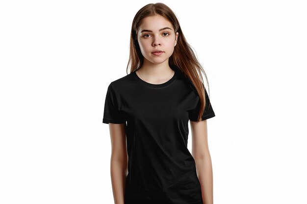 Photo a girl with long hair wearing a black shirt that says  she is wearing a shirt