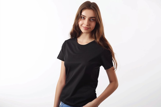 Photo a girl with long hair wearing a black shirt with a white background