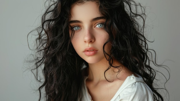 a girl with long hair and a white shirt is standing in front of a wall