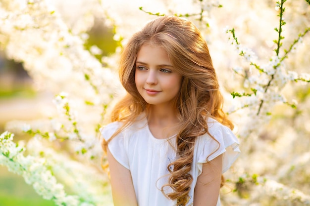 A girl with long hair and a white shirt sits in a garden with white flowers.