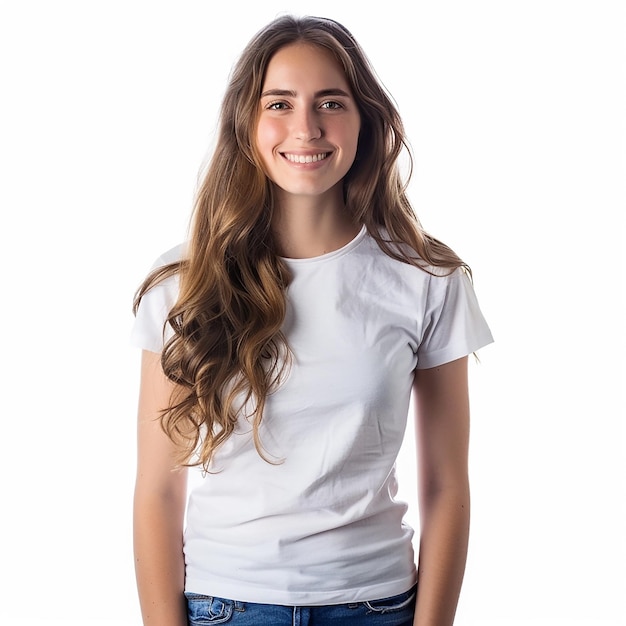 a girl with long hair and a white shirt that says quot shes smiling quot