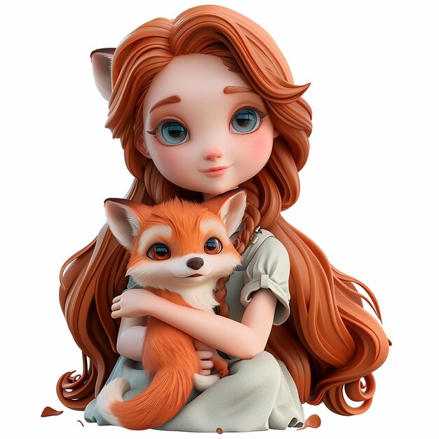 a girl with long red hair holding a fox and a fox