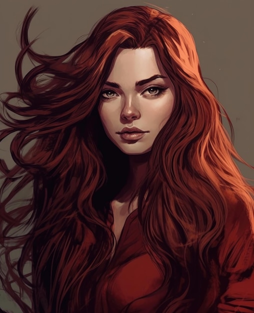 A girl with long red hair and a red shirt.