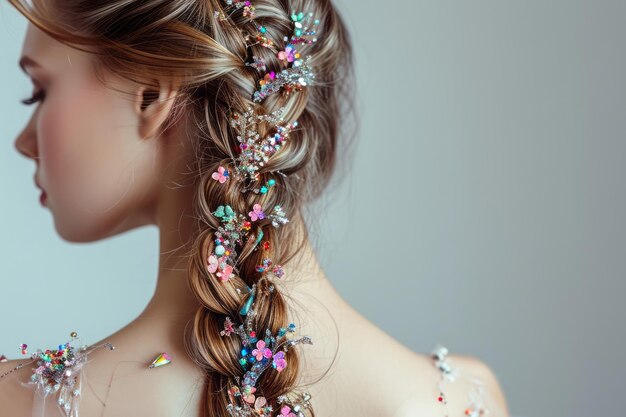 Photo a girl with a long volume double braid with hairpins made of colored rhinestones