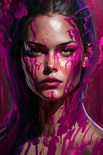 Girl with magenta paint on her face makeup with viva magenta color AIGenerated