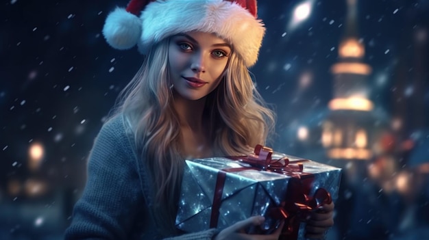 Girl with magic Christmas box Illustration AI Generative