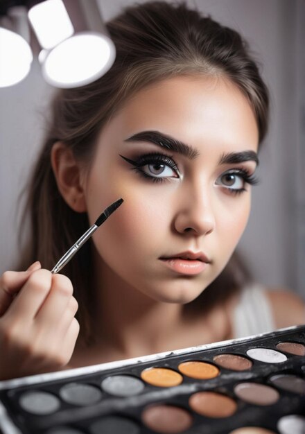 Photo a girl with makeup and makeup looks at her makeup