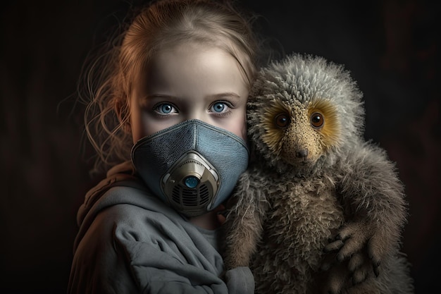 A girl with a mask on and a stuffed animal in her hands.