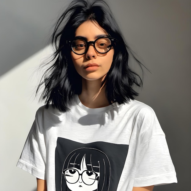 girl with medium hair with glasses and an oversized tshirt