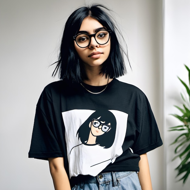 girl with medium hair with glasses and an oversized tshirt