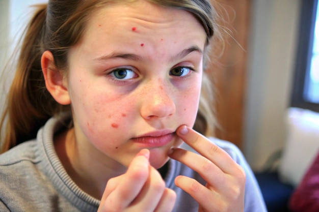 Photo a girl with a mole on her face is eating a strawberry