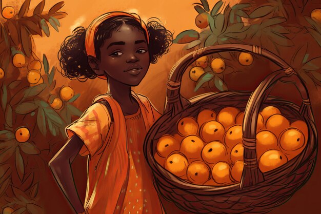 A girl with orange hair stands next to a basket of oranges.