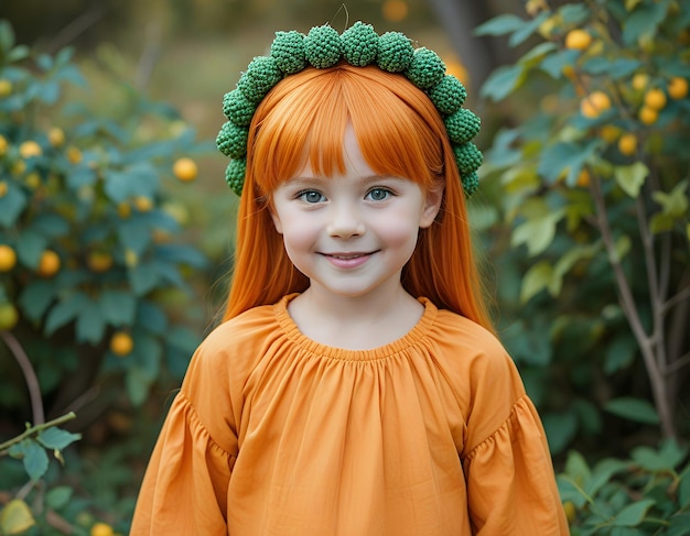 a girl with orange hair wearing a costume with a green crown on it