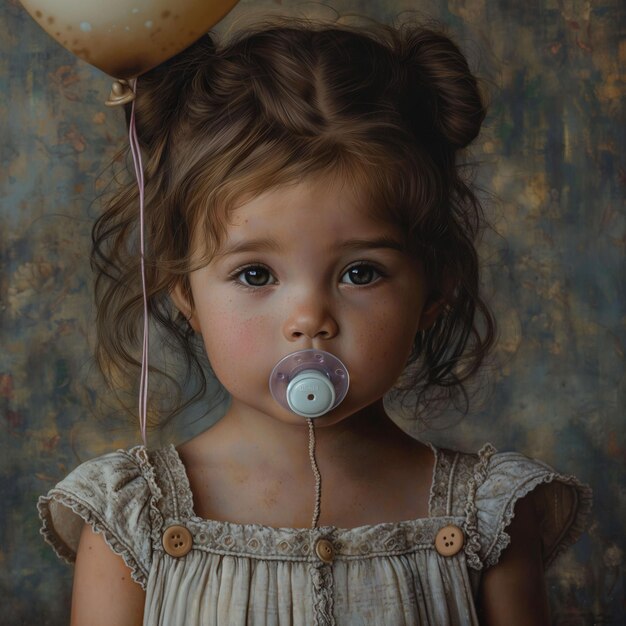 Photo girl with pacifier holding balloon looking sad emotional portrait young child solitude expression innocence concept