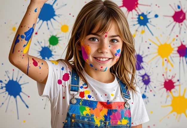 Photo a girl with paint on her face is covered in colorful paint