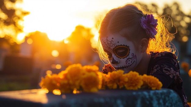 Photo a girl with a painted face and face painted with flowers