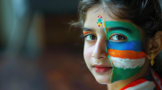 a girl with a painted face and the flag on her face