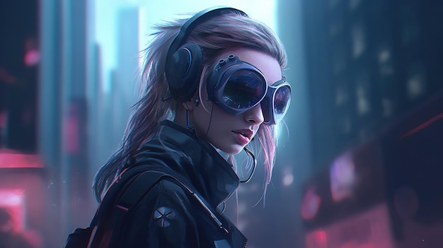 A girl with a pair of glasses and a black jacket stands in front of a cityscape.