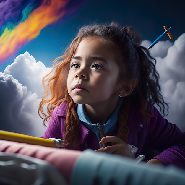 Photo a girl with a pencil and a rainbow on her head