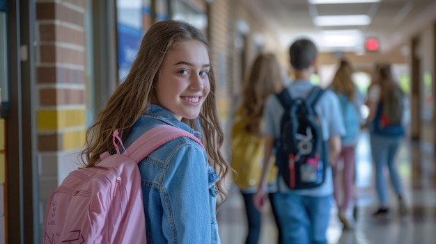 The girl with pink backpack