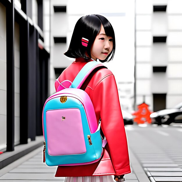 Photo a girl with a pink and blue bag is walking down a sidewalk