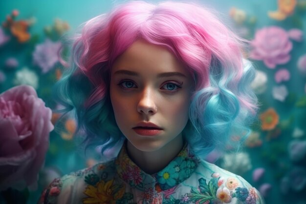 A girl with pink and blue hair and a flower on her head