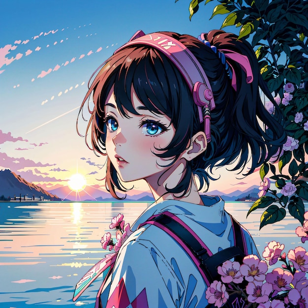 A girl with a pink bow is standing in front of a lake with a mountain in the background.