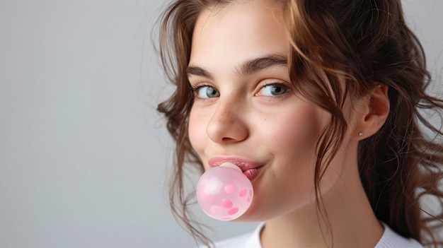 Photo a girl with a pink bubble in her mouth