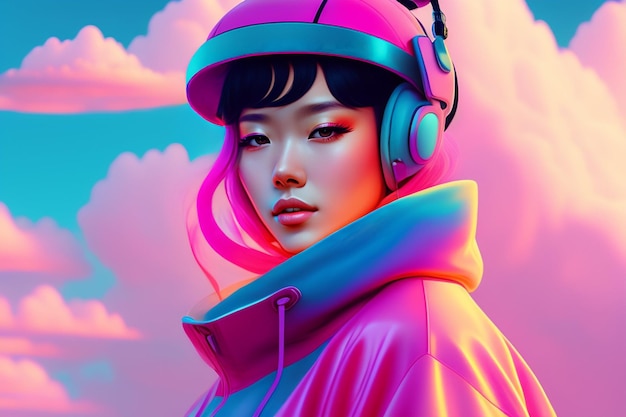 Girl with pink clothes and headphones