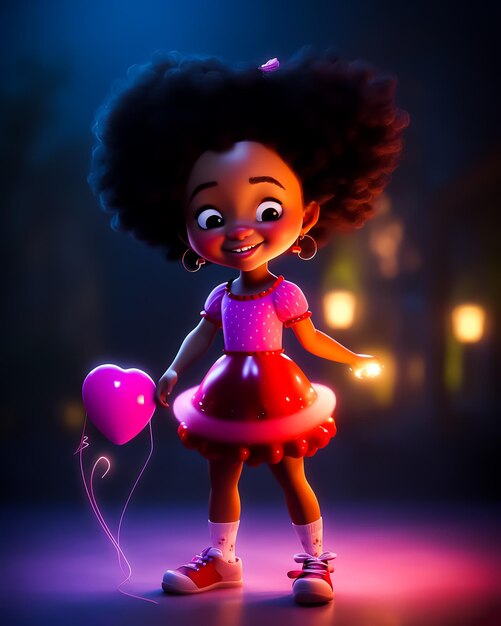 A girl with a pink dress and a pink heart shaped balloon.