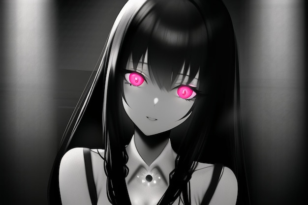 A girl with pink eyes is looking at the camera.