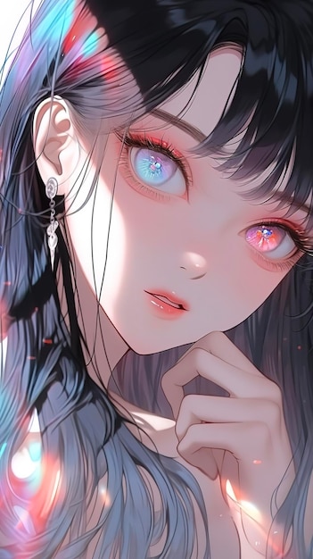 A girl with pink eyes looks at the camera.