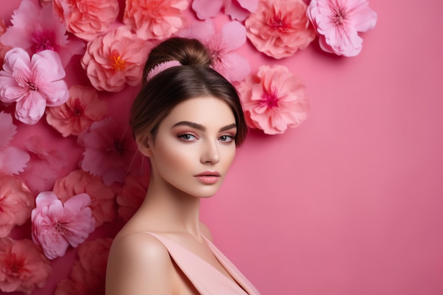 A girl with a pink flower on her head stands in front of a pink background.