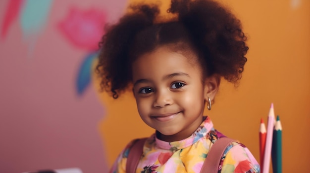 A girl with a pink flowered dress smiles at the camera.