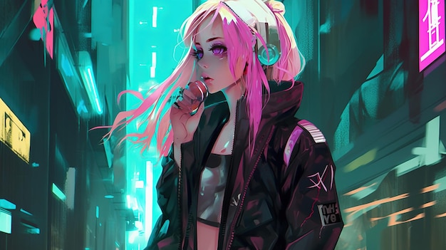 A girl with pink hair and a black jacket