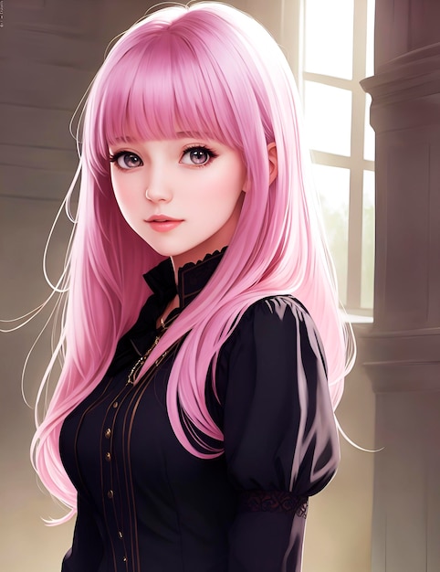 A girl with pink hair and a black shirt