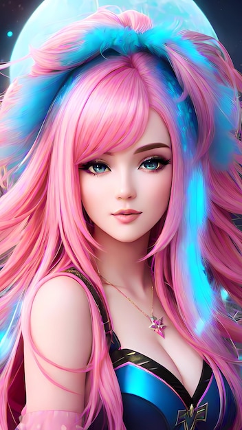 A girl with pink hair and a blue bow in her hair