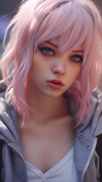 A girl with pink hair and blue eyes