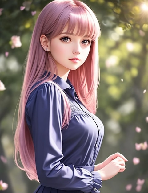 A girl with pink hair and a blue shirt is standing in a forest.